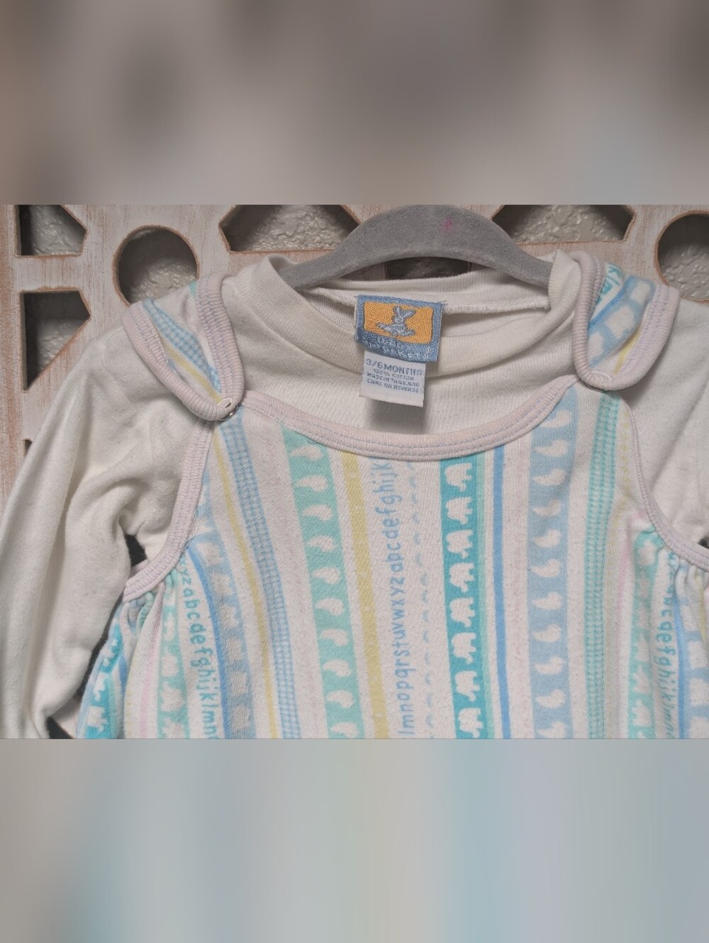 Vintage Baby Sprockets 2 piece overalls outfit unisex 3-6 mos alphabet pastel - Picture 3 of 8